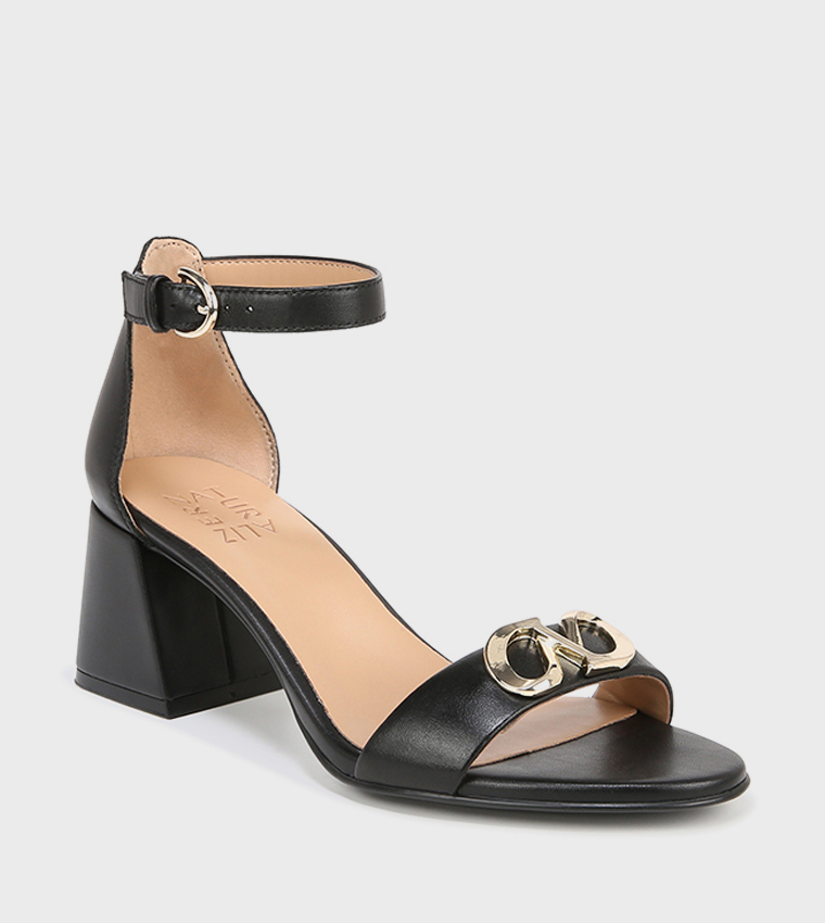 NAVERA-LOGO Metal Accent Ankle Strap Block Heel Sandals