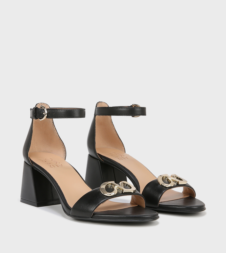 NAVERA-LOGO Metal Accent Ankle Strap Block Heel Sandals