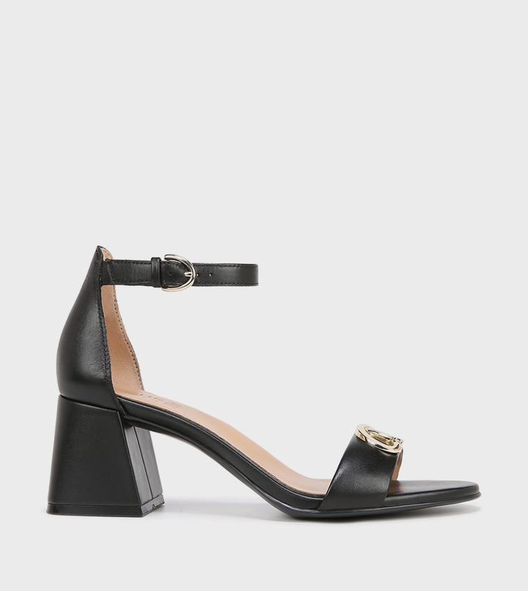 NAVERA-LOGO Metal Accent Ankle Strap Block Heel Sandals