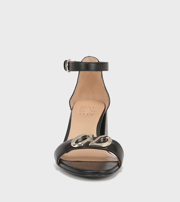 NAVERA-LOGO Metal Accent Ankle Strap Block Heel Sandals