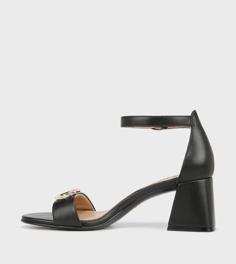 NAVERA-LOGO Metal Accent Ankle Strap Block Heel Sandals