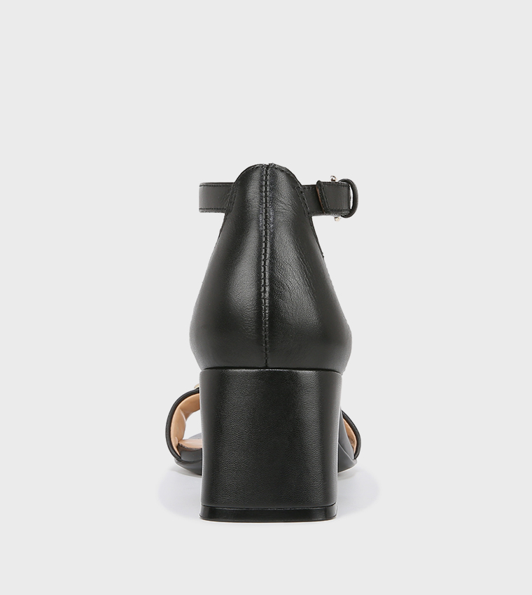 NAVERA-LOGO Metal Accent Ankle Strap Block Heel Sandals