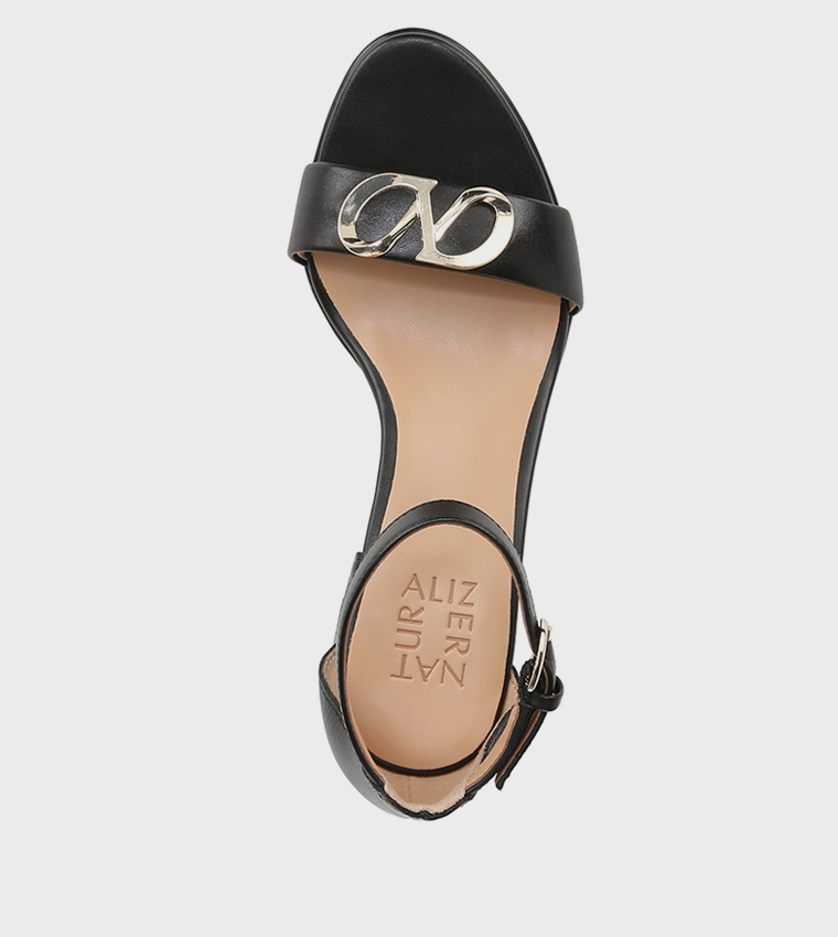 NAVERA-LOGO Metal Accent Ankle Strap Block Heel Sandals