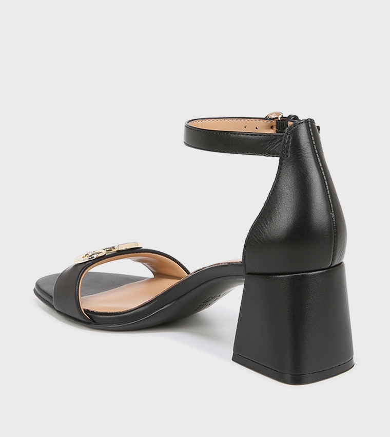 NAVERA-LOGO Metal Accent Ankle Strap Block Heel Sandals