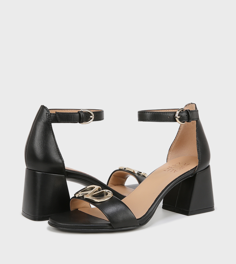 NAVERA-LOGO Metal Accent Ankle Strap Block Heel Sandals