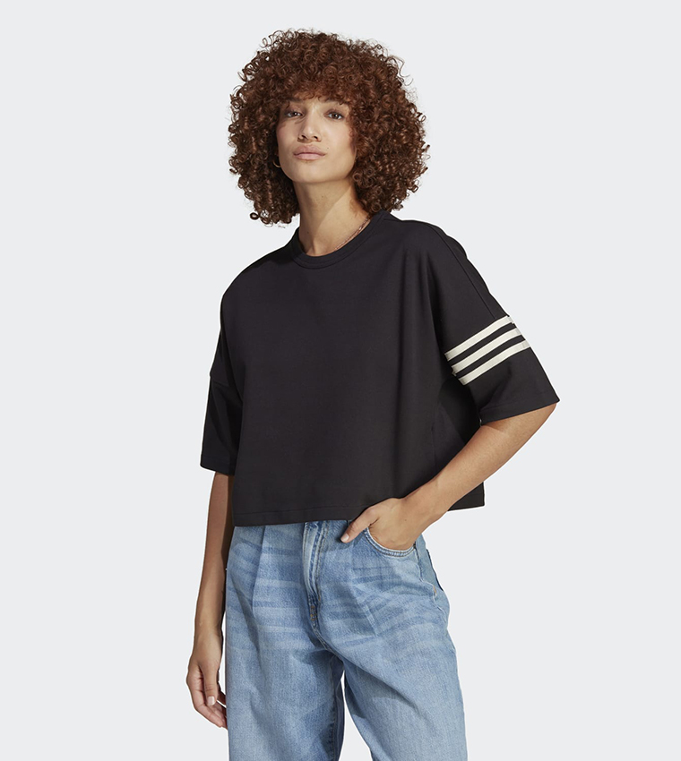 Striped Detail Sleeves Crew Neck Crop T-Shirt