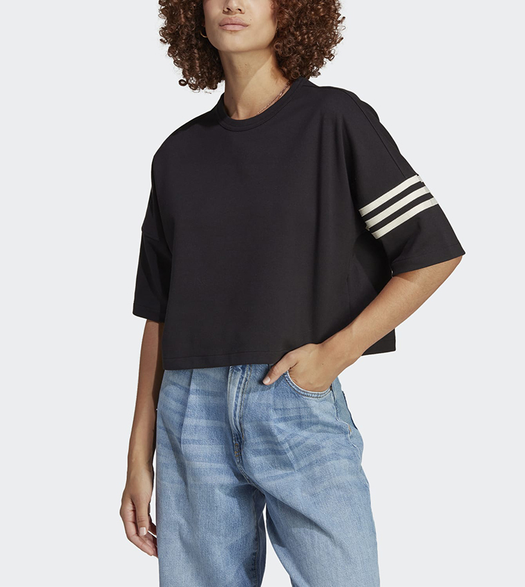 Striped Detail Sleeves Crew Neck Crop T-Shirt