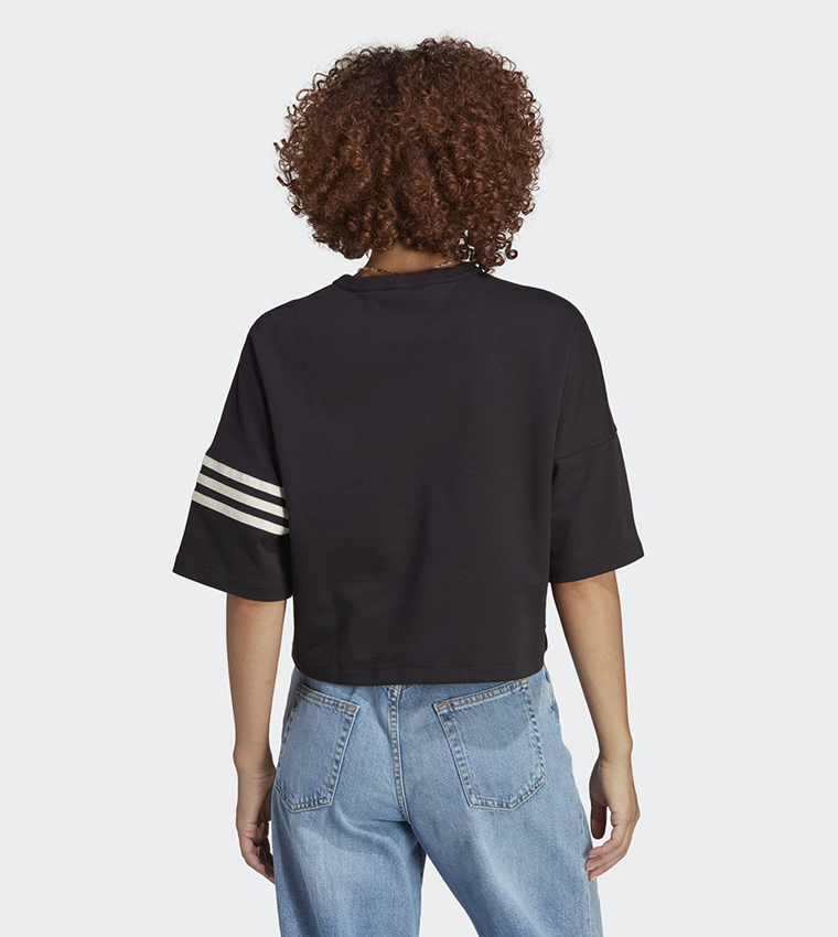Striped Detail Sleeves Crew Neck Crop T-Shirt