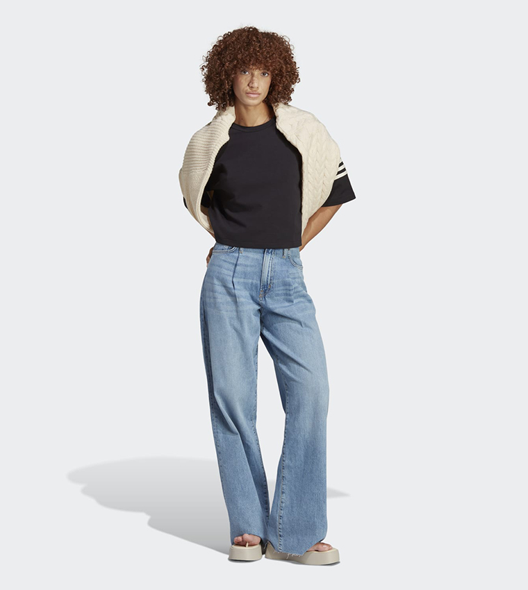 Striped Detail Sleeves Crew Neck Crop T-Shirt