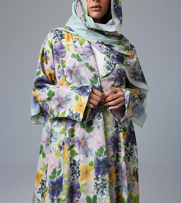 Buy IKKXA Floral Printed Shawl Collar Abaya In Multiple Colors ...
