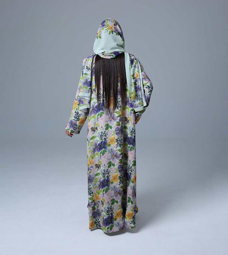 Buy IKKXA Floral Printed Shawl Collar Abaya In Multiple Colors ...