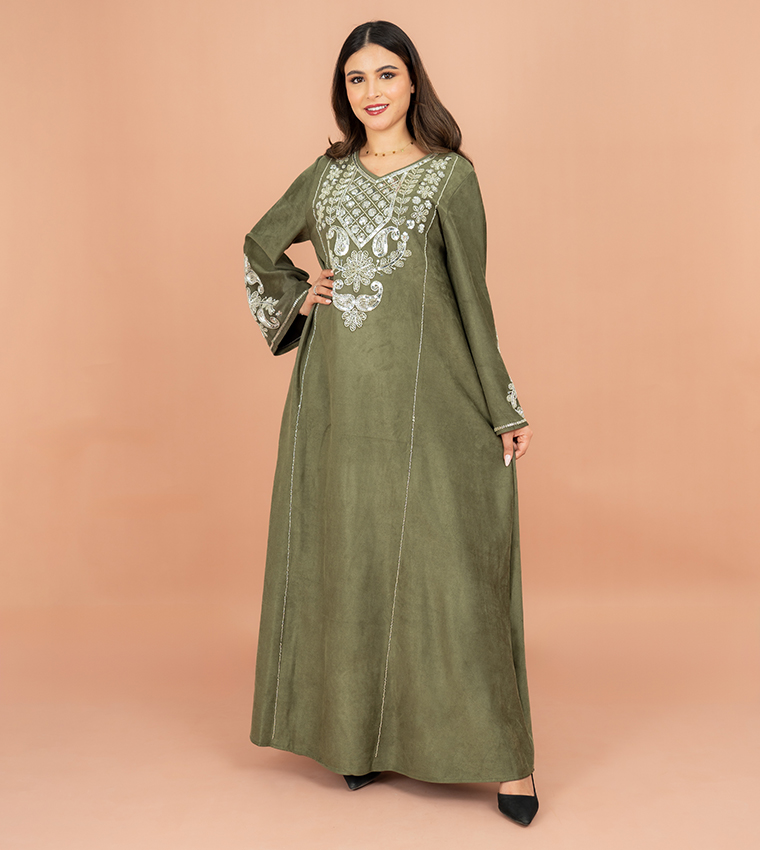 جلابية مطرز كم فلير 