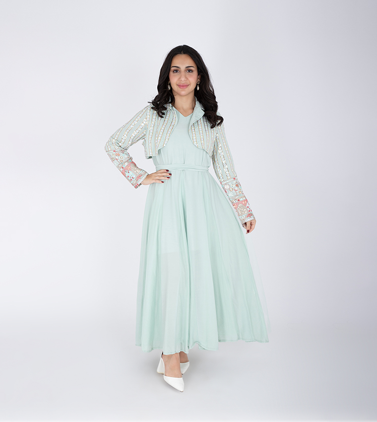 Buy IKKXA Two Piece Embroidered Maxi Dress In Green | 6thStreet UAE