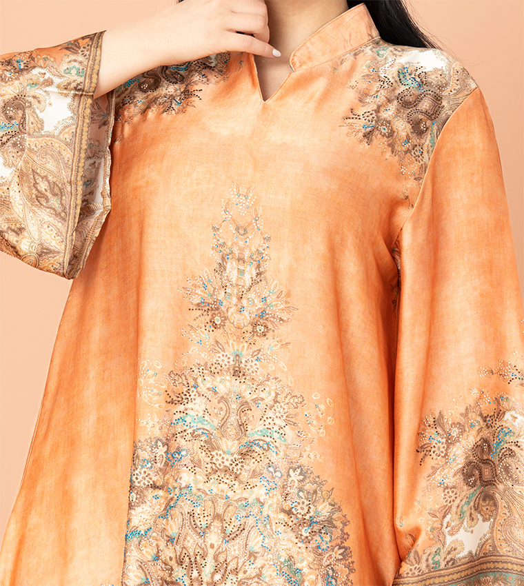 Printed Mandarin Collar Jalabiya