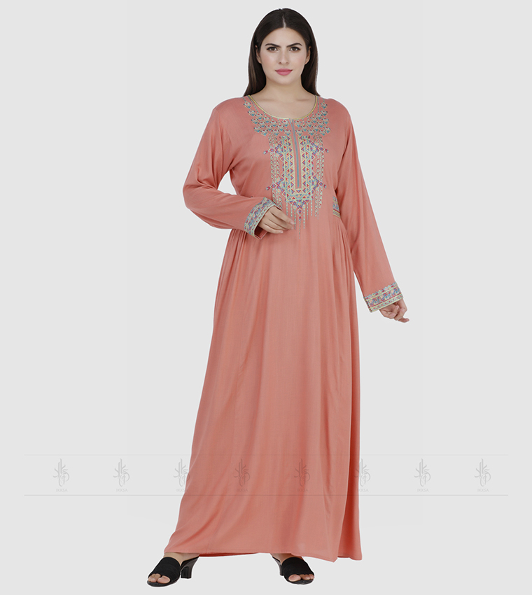 Buy IKKXA Embroidered A Line Jalabiya In Peach | 6thStreet Saudi Arabia