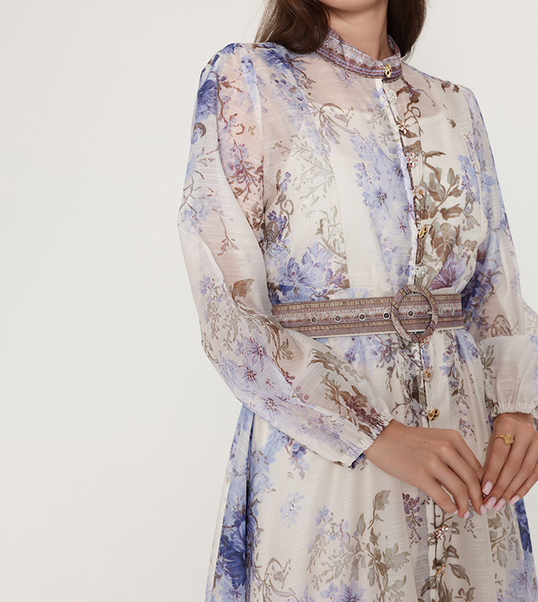 Belted Flower Print Long Sleeves Midi Dress