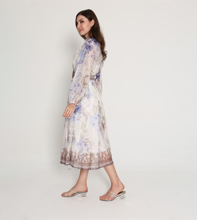 Belted Flower Print Long Sleeves Midi Dress