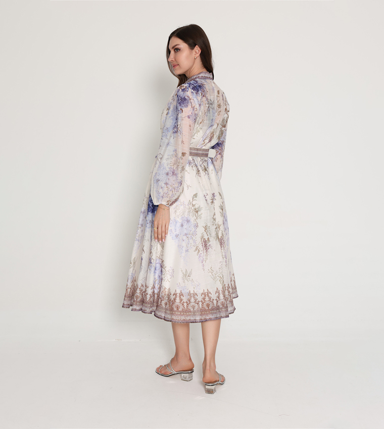 Belted Flower Print Long Sleeves Midi Dress