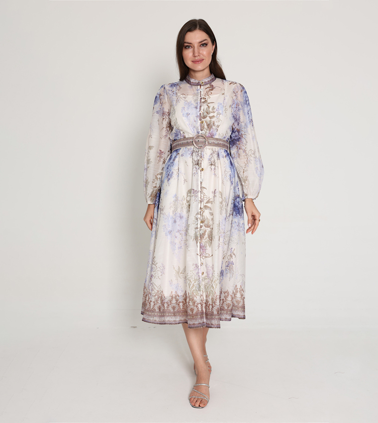 Belted Flower Print Long Sleeves Midi Dress