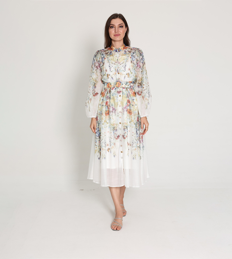 Belted Flower Print Long Sleeves Midi Dress