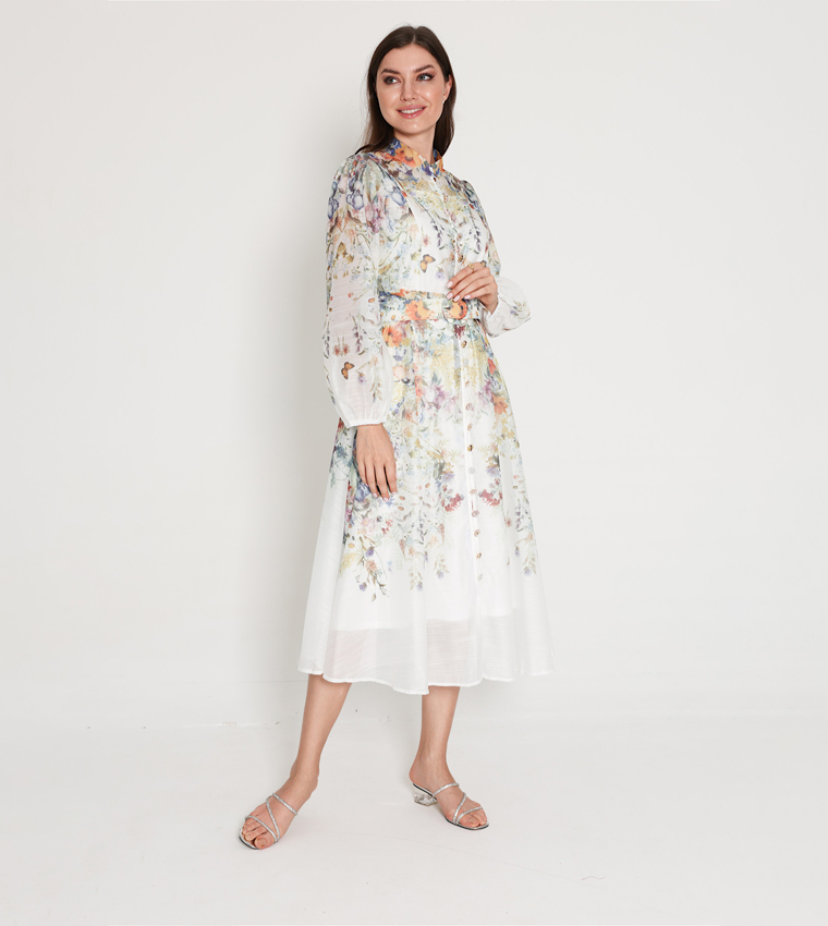 Belted Flower Print Long Sleeves Midi Dress
