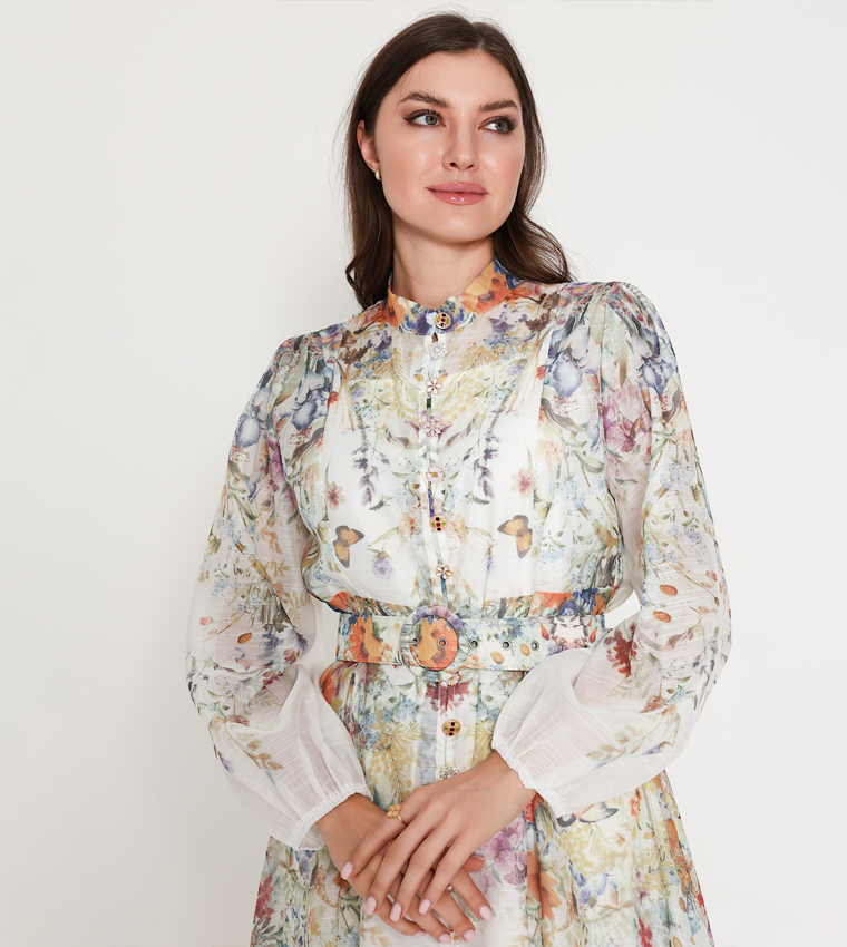 Belted Flower Print Long Sleeves Midi Dress