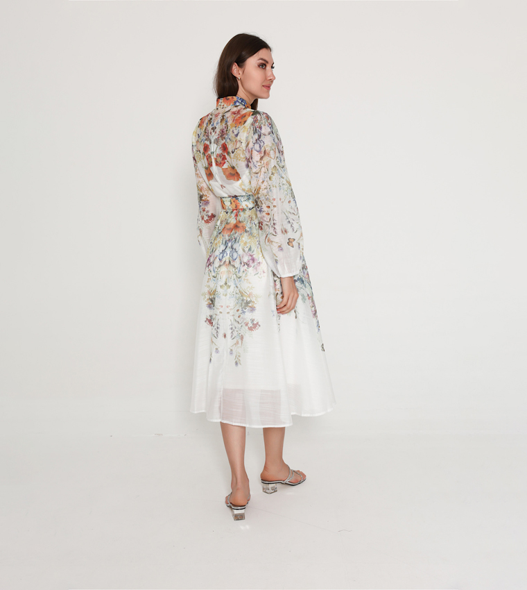 Belted Flower Print Long Sleeves Midi Dress
