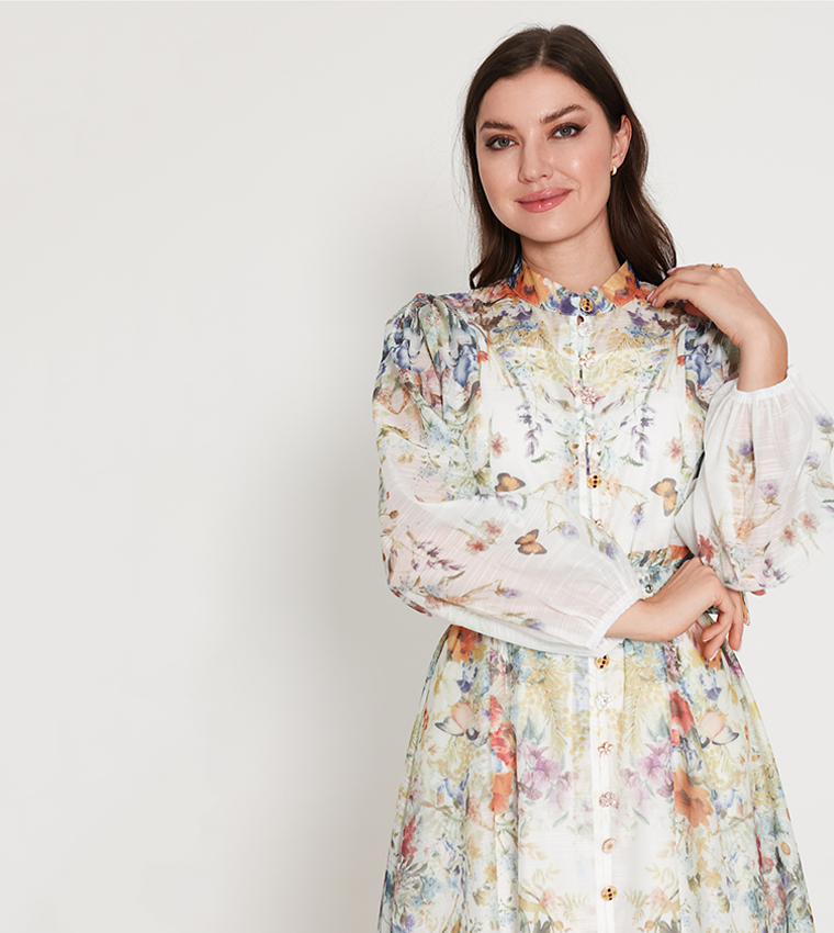 Belted Flower Print Long Sleeves Midi Dress