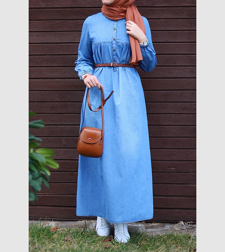 Buy INSTYLE Faded Bishop Sleeves Denim Maxi Dress In Blue | 6thstreet Saudi  Arabia