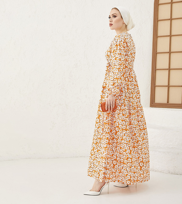 Buy INSTYLE Floral Print Tie Waist Maxi Dress In Orange 6thStreet Bahrain