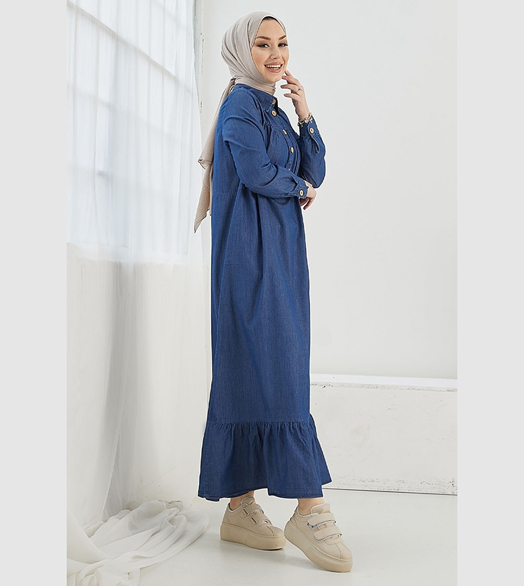christmas dinner dress ideas Denim Ruffle Sleeve Smocked Dress – Modern Millie main image 0