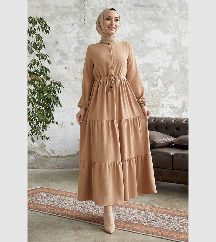 Buy INSTYLE Solid Long Sleeves Tiered Dress In Beige | 6thstreet Qatar Buy INSTYLE Solid Long Sleeves Tiered Dress In Beige | 6thstreet Qatar