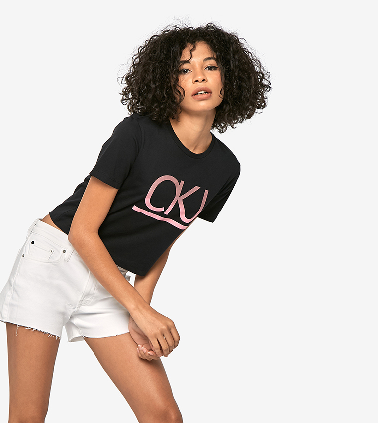 Buy Calvin Klein CKJ Text Printed Short Sleeve Cropped T Shirt