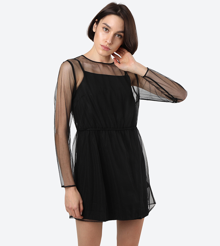 Buy Calvin Klein Long Sleeve Mesh Double Layer Dress Black In Black 6thStreet Bahrain