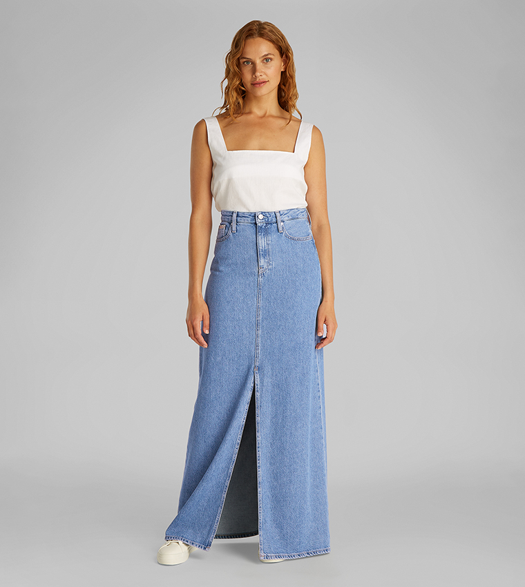 Washed A-Line Maxi Denim Skirt