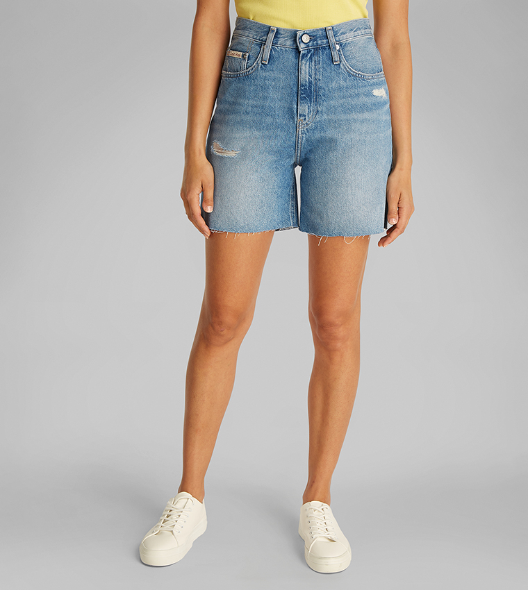 Logo Detail Ripped Denim Shorts