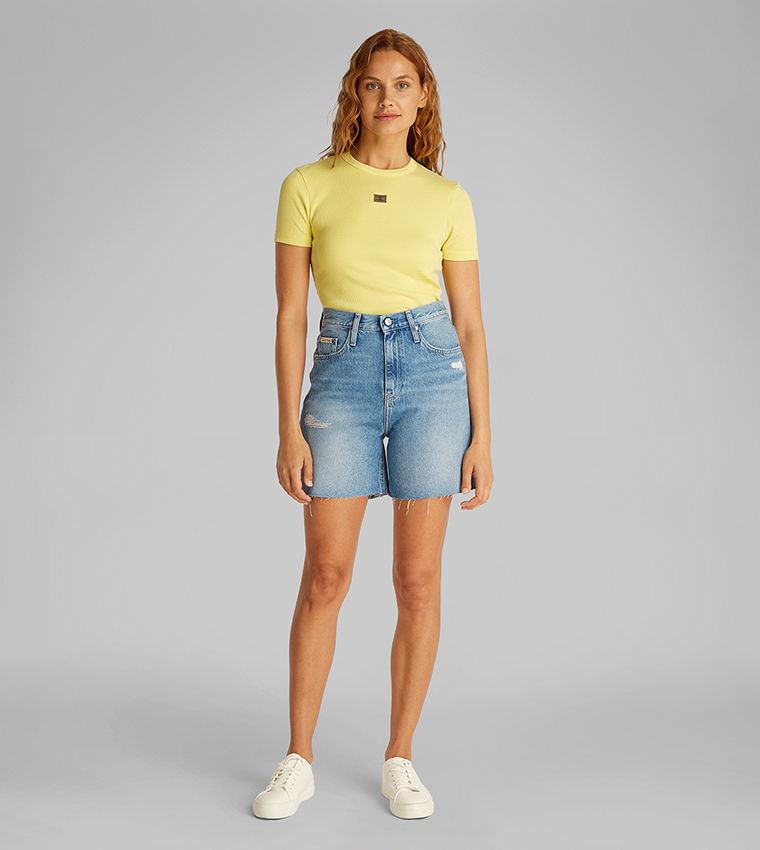 Logo Detail Ripped Denim Shorts