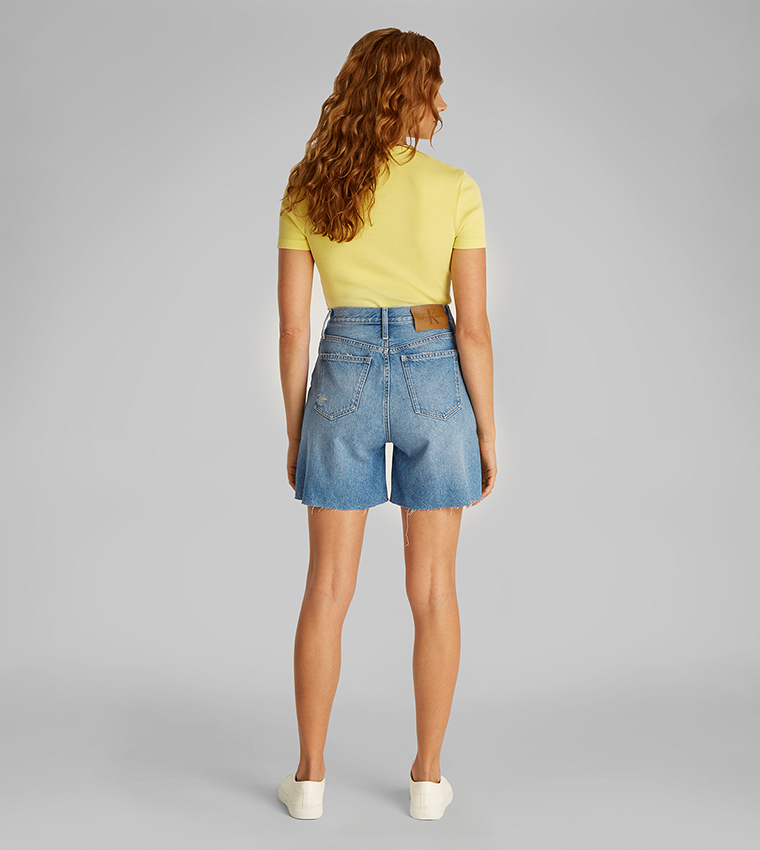 Logo Detail Ripped Denim Shorts
