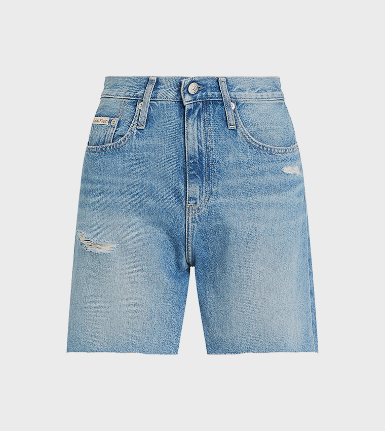 Logo Detail Ripped Denim Shorts