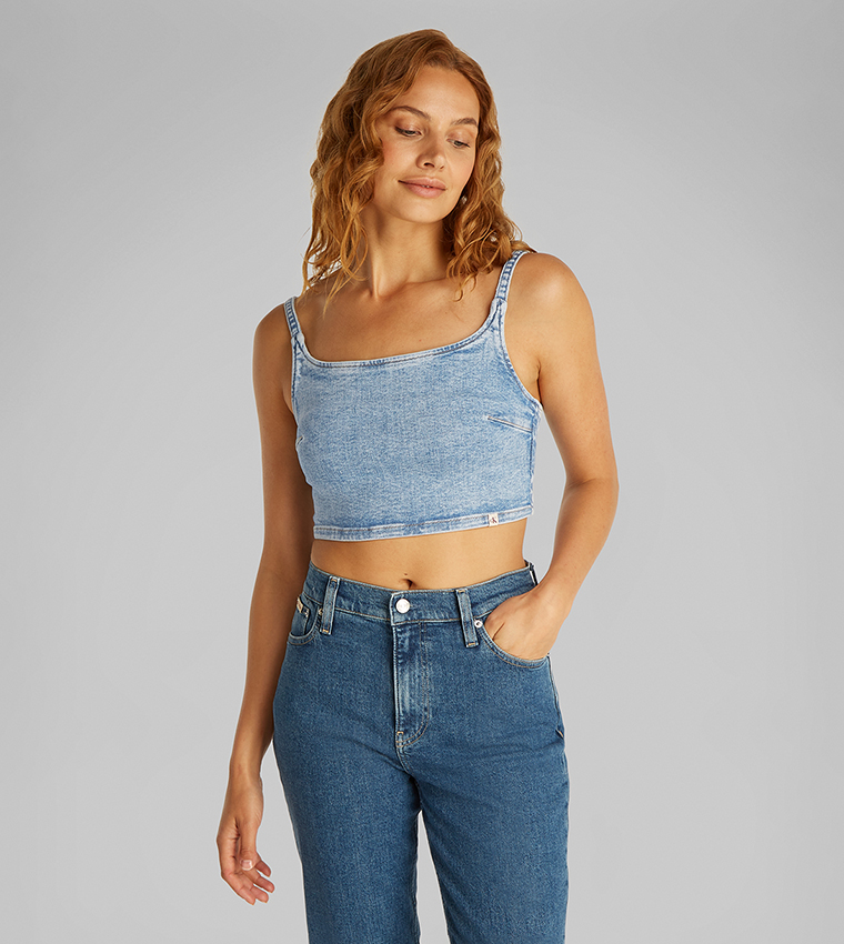 Buy Calvin Klein Jeans Washed Strappy Denim Crop Top In Blue