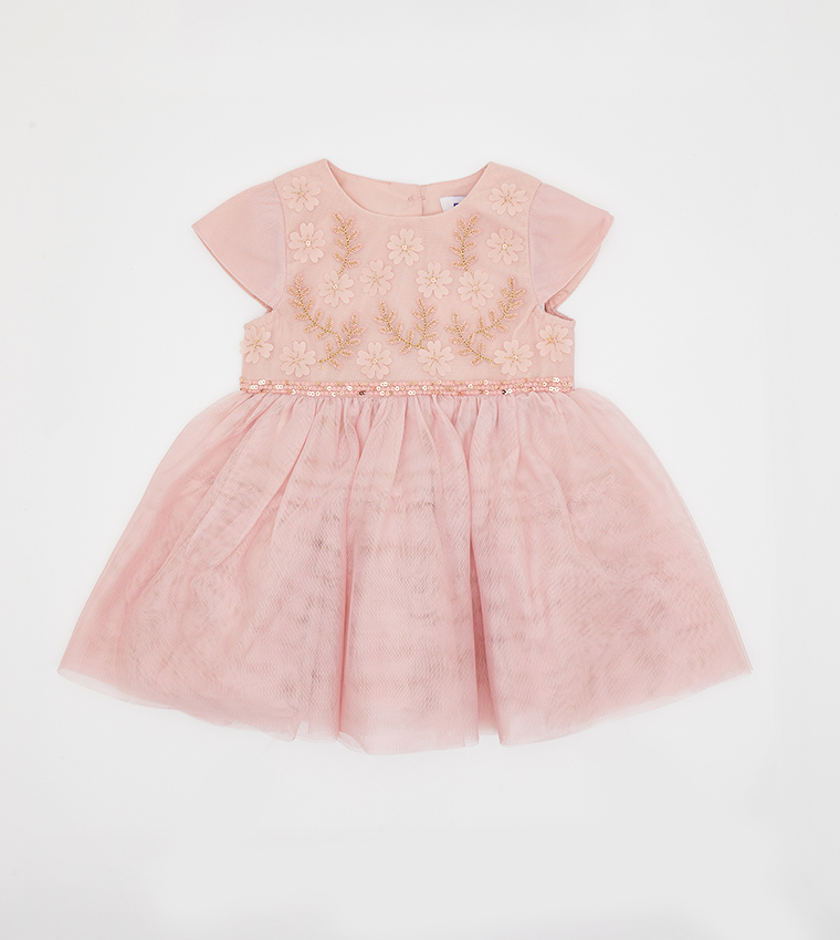 Embroidered Fit and Flare Tulle Dress