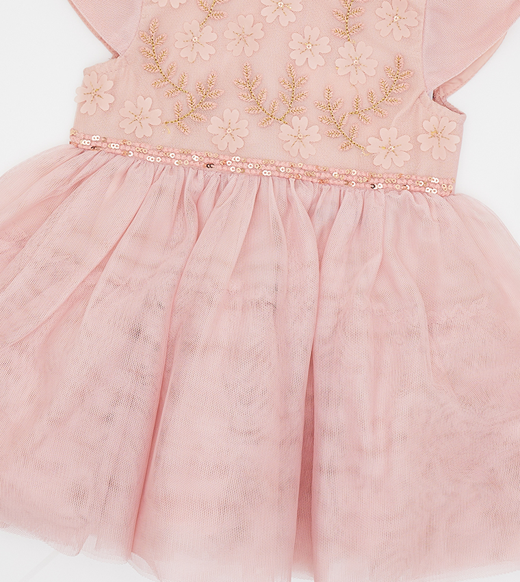 Embroidered Fit and Flare Tulle Dress