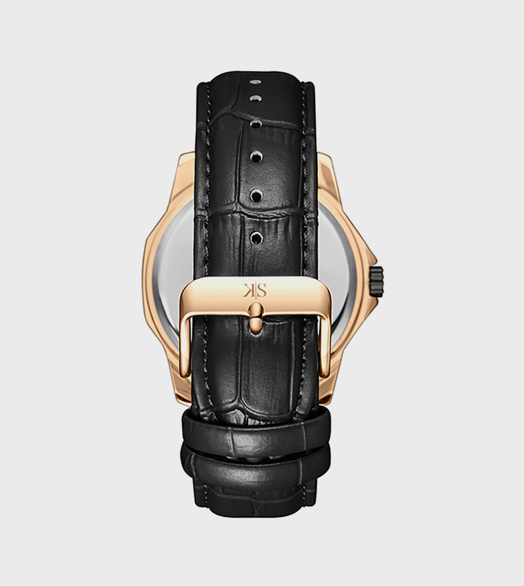 Black Dial Leather Strap Analog Watch