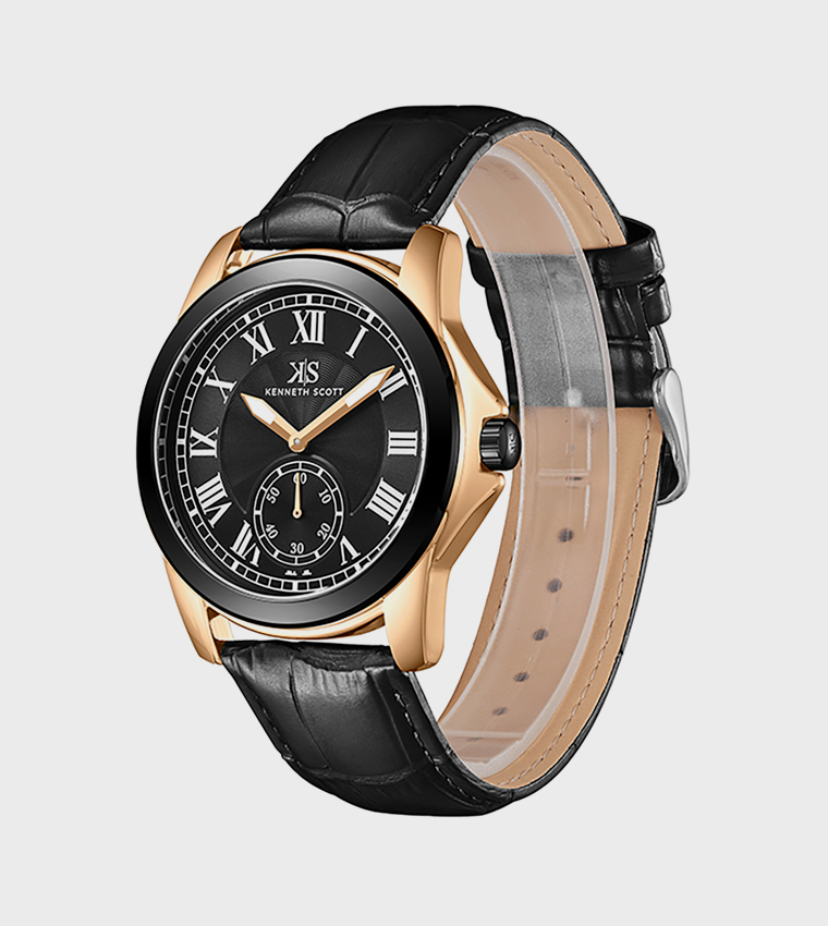 Black Dial Leather Strap Analog Watch