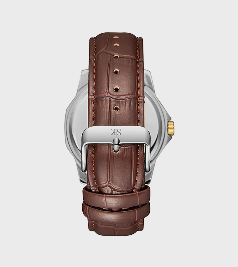 Gold Dial Leather Strap Analog Watch