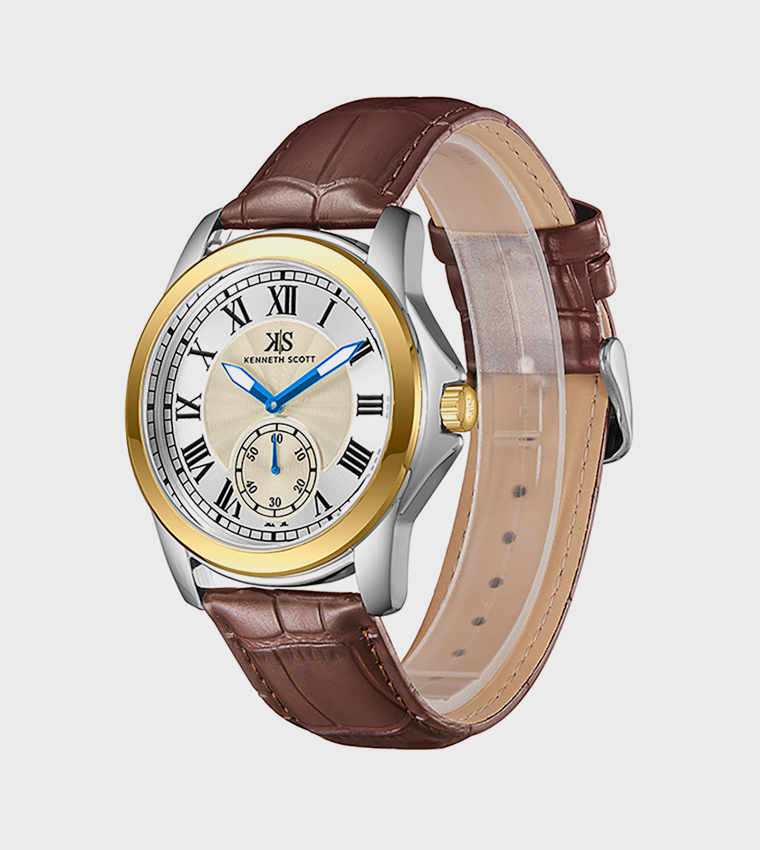 Gold Dial Leather Strap Analog Watch