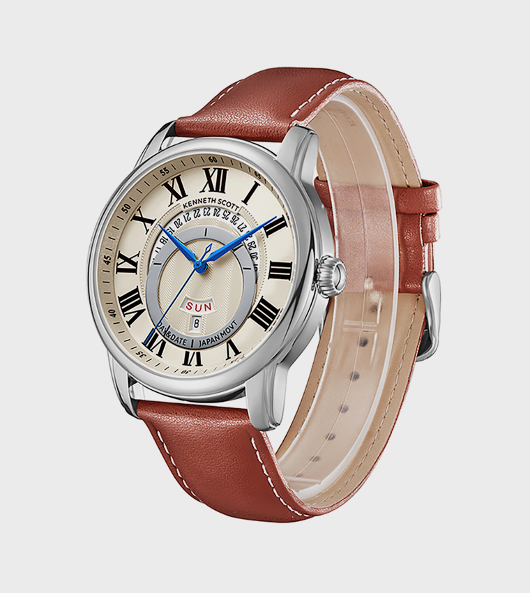 ساعة بإطار بيج وسوار جلدي