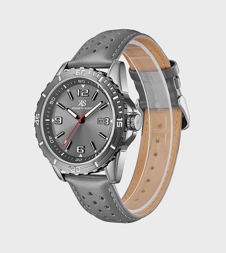 Grey Dial Leather Strap Analog Watch