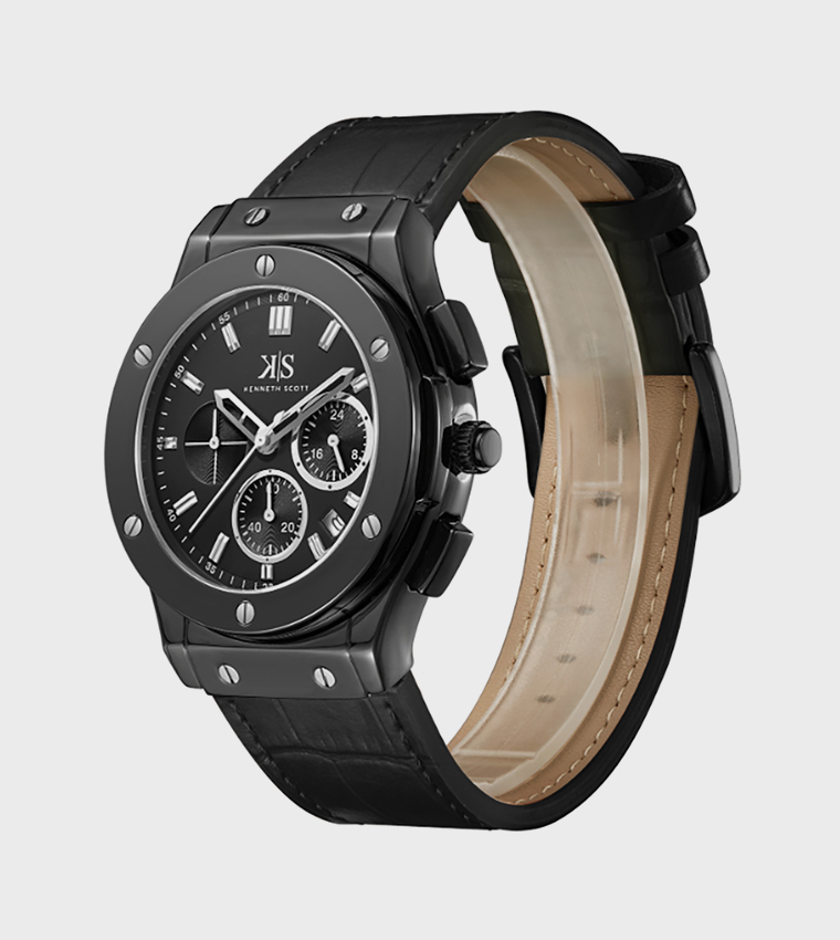 Black Dial Leather Strap Multifunction Watch