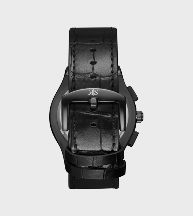 Black Dial Leather Strap Multifunction Watch